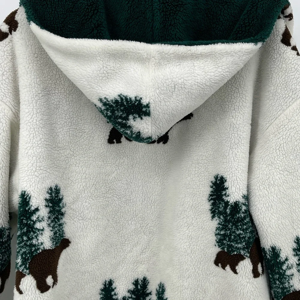 ⭐️Vintage Country Woods Forest Print Cream Fleece Zip-Up Hoodie